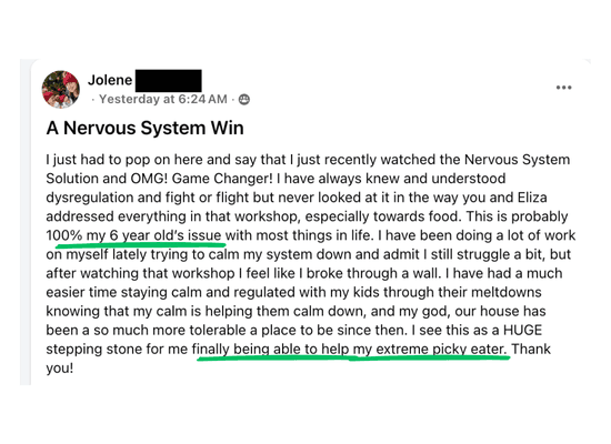 Jolene's testimonial for the Picky Eater’s Nervous System Workshop