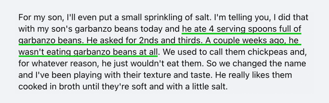 He ate 4 serving spoons full of garbanzo beans