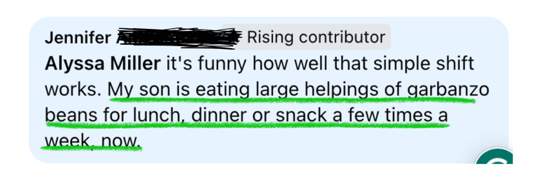 He is eating large helpings of garbanzo beans