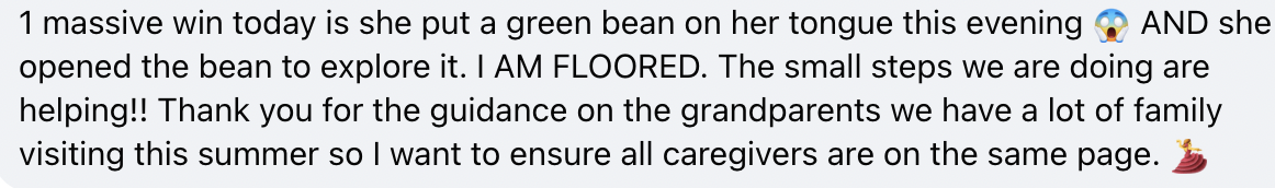 A review saying our course got her picky eater to eat green beans