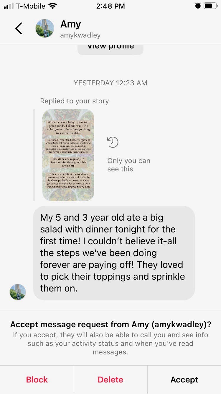 A review saying our course got her picky toddler to eat salad