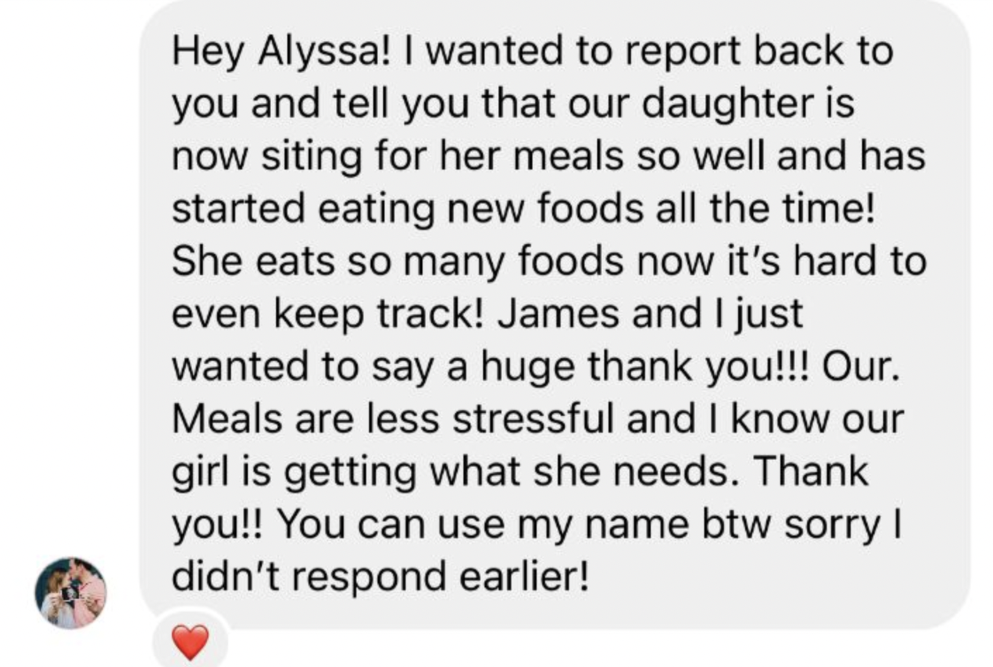 A review saying our course had her kid trying new foods and less stress at dinner