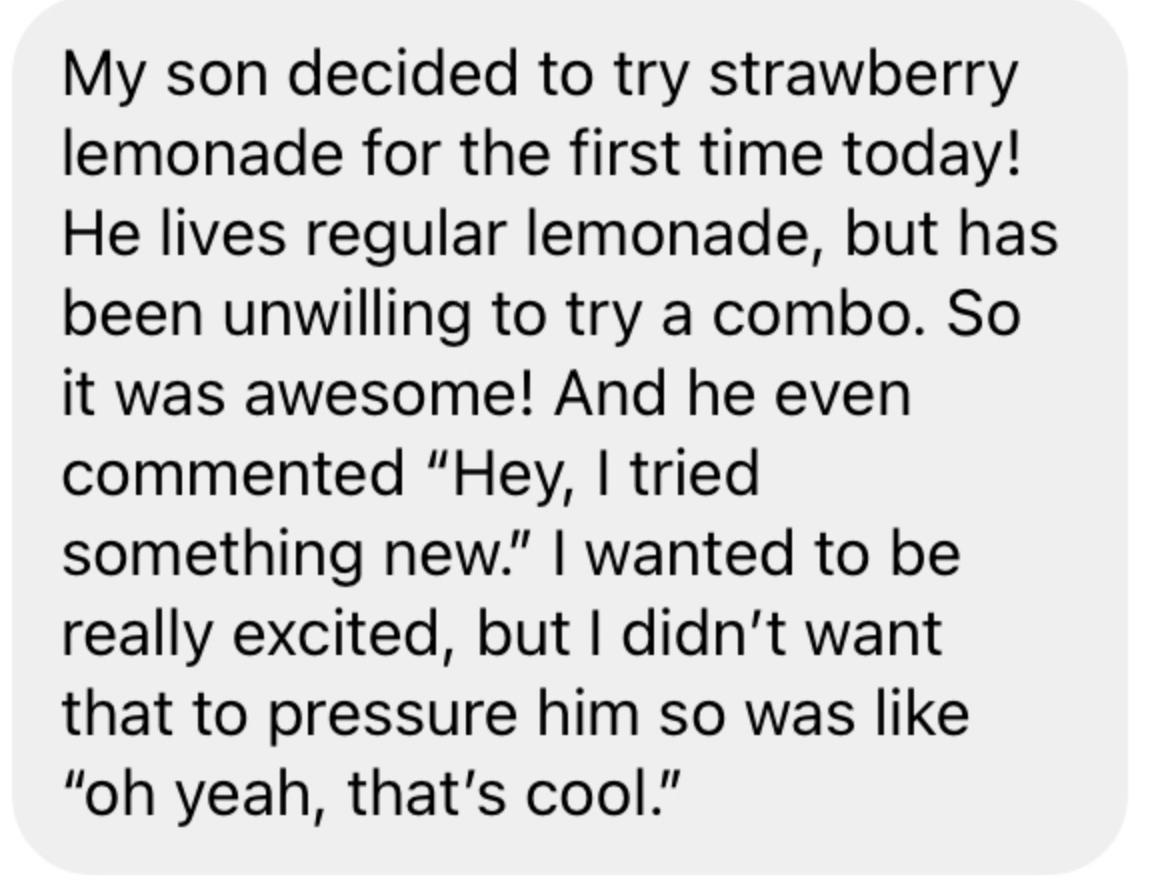 A review saying our course had her kid trying strawberry lemonade for the first time