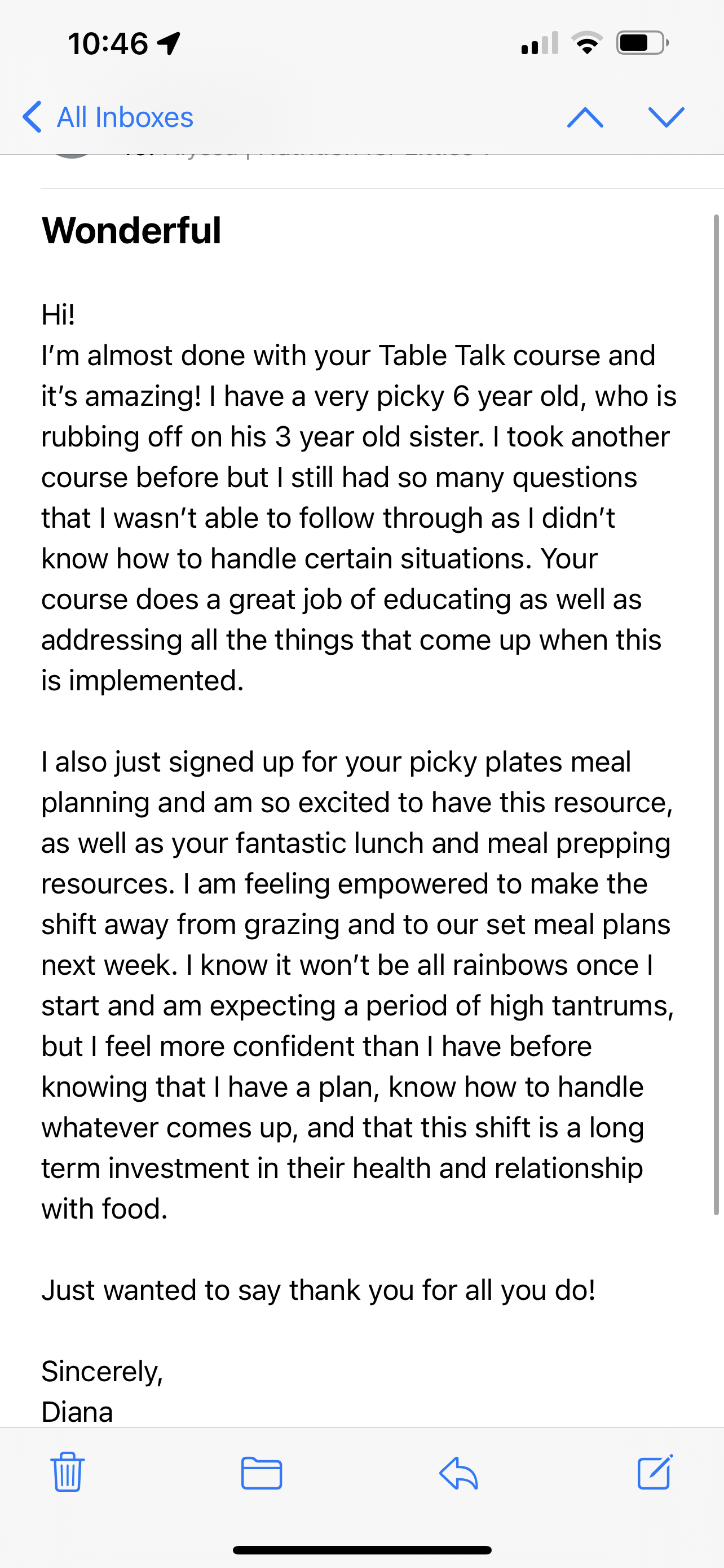 A review saying our course finally worked for her picky eater
